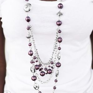 long purple multi strand pearl necklace with purple ribbon